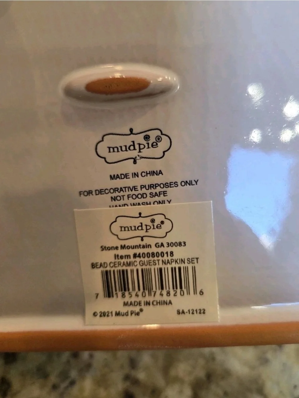 Mud Pie Bead Ceramic White Terra Guest Napkin Towel Holder Bathroom Kitchen Tray